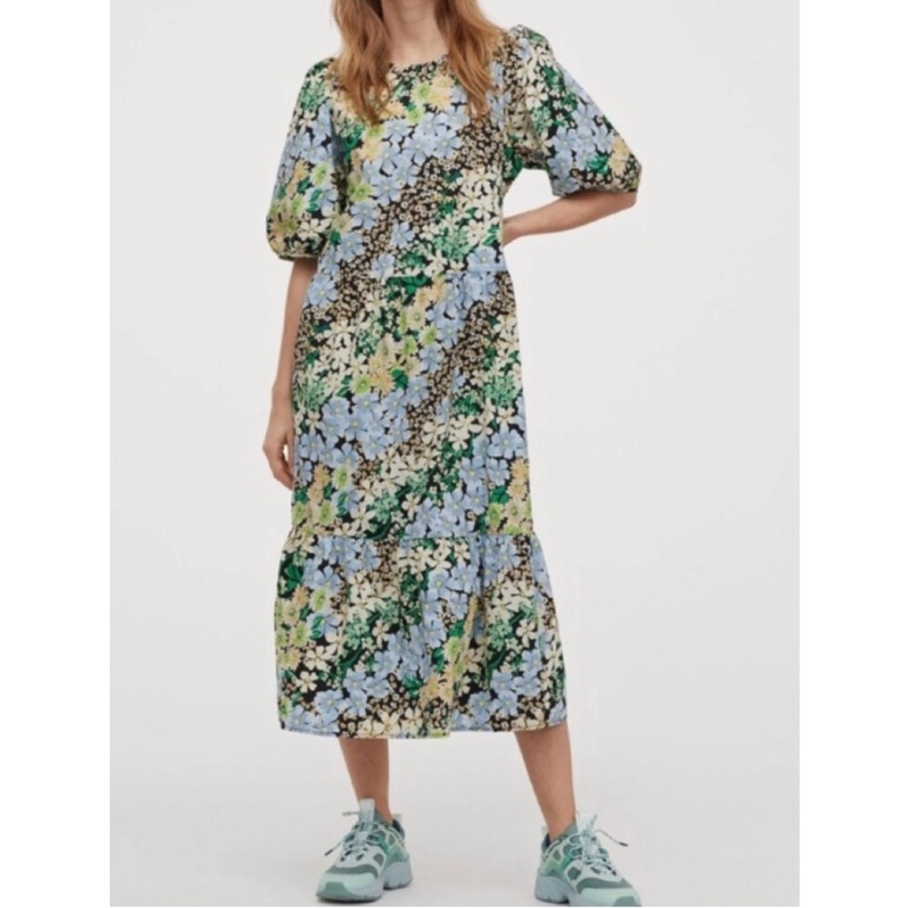 H&M cotton poplin puff sleeve midi/maxi floral dress size small GUC